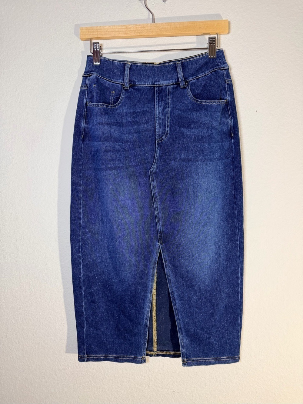 Halara Flex High Waisted Bodycon Denim Midi Skirt Pockets - Picture 5 of 9